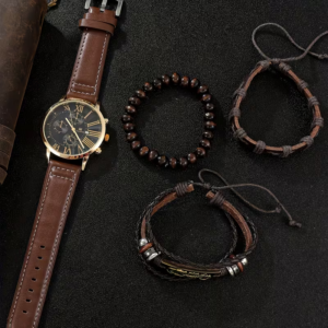 4pcs/Set Men's Brown Analog Watch & Matching Bracelet Set